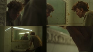 Split screen of stressed young man with bandage on his wrist washing face in public bathroom with tiled walls, he leaning on sink standing in front of mirror with white frame and looking at himself
