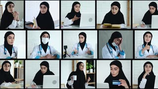 A collage with a Muslim woman doctor at work, with different emotions and activities in the hospital. The concept of a female doctor in a hijab at work in the Arab countries with the Islamic faith.