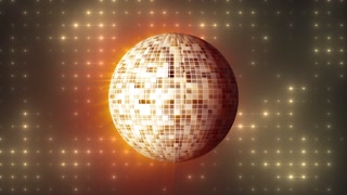 Abstract looped yellow orange mirrored spinning round disco ball for discos and dances in nightclubs 80s, 90s luminous background